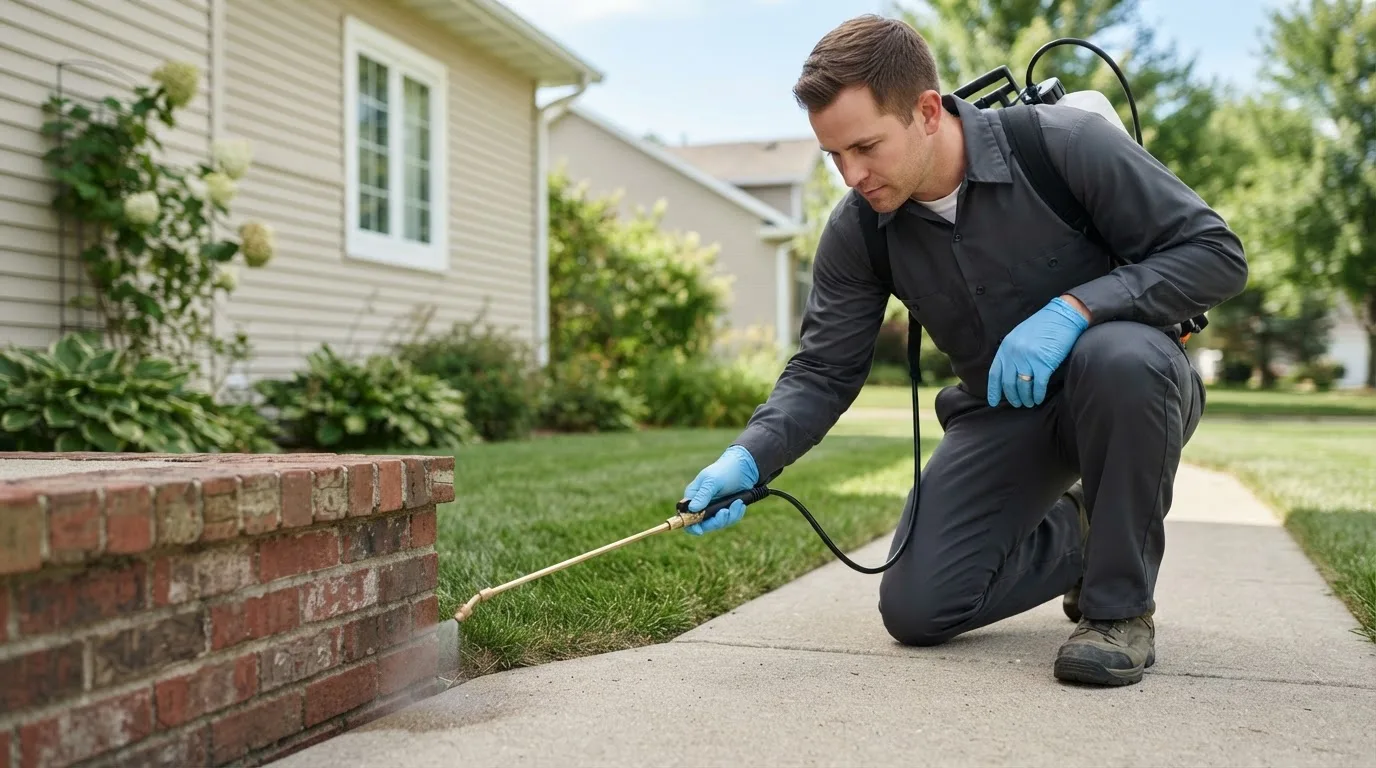 Pest control technician treating a home near Barboursville, VA